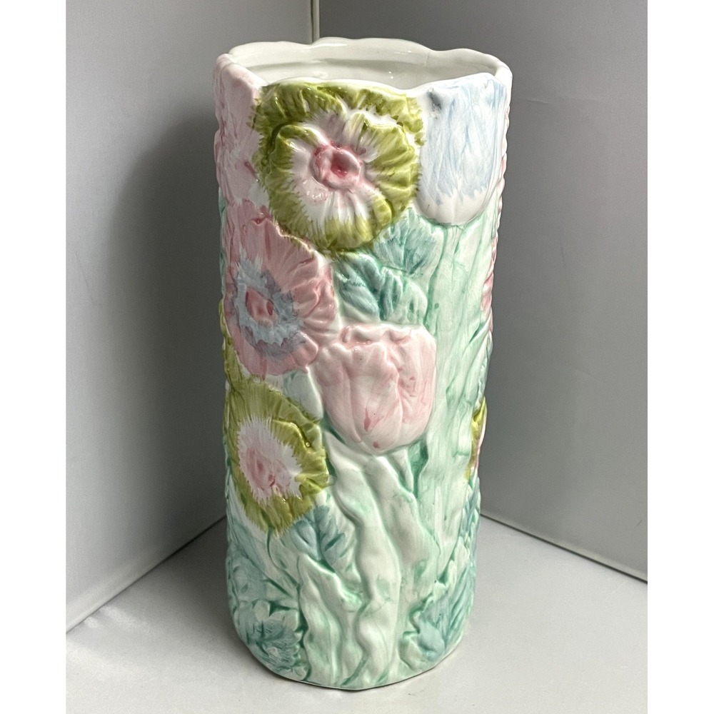 Floral Tulip Ceramic Vase Pastel Pink Green Embossed Cylinder Flower Decor
